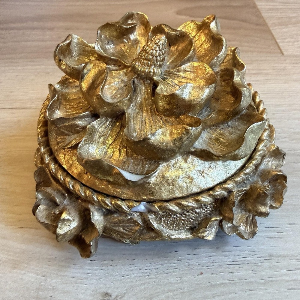 Gold magnolia flower trinket box vintage